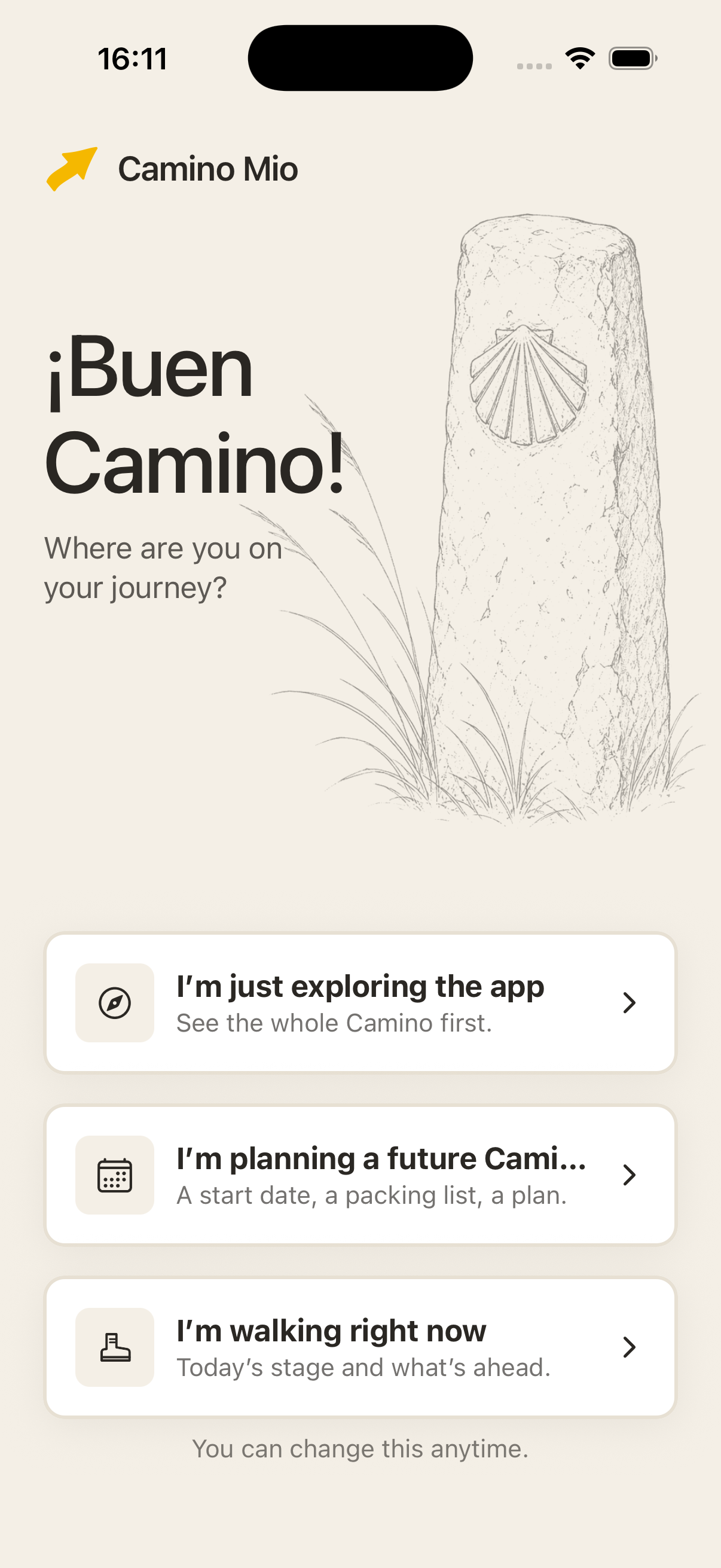 The Camino Mio app home screen on an iPhone