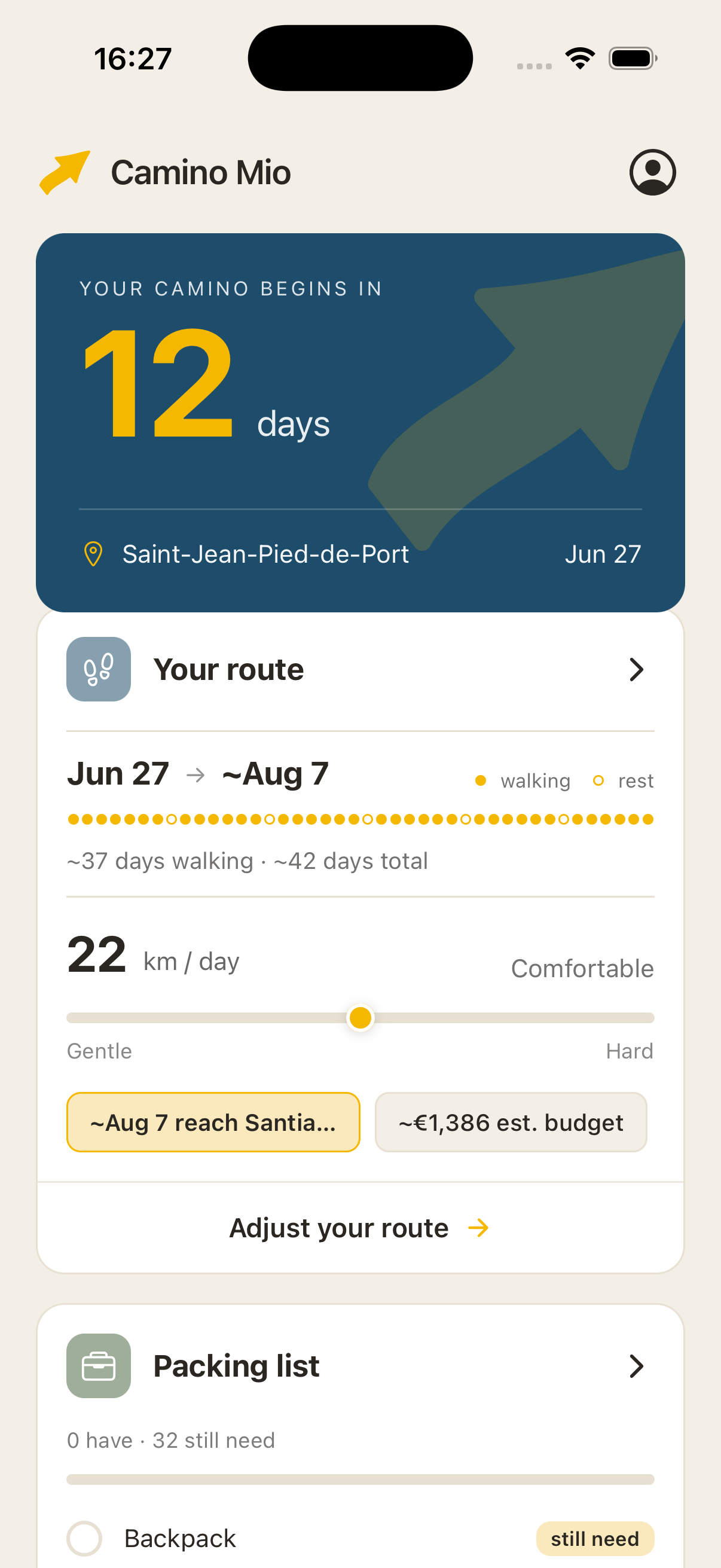 Planning a Camino itinerary in the app