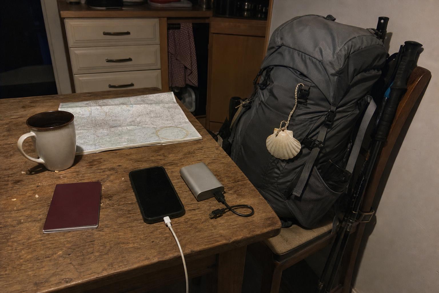 Un móvil cargando sobre una mesa de cocina de madera junto a una batería externa pequeña, un pasaporte granate y un mapa doblado, con una mochila gris preparada, una vieira y bastones de senderismo apoyados en una silla detrás.