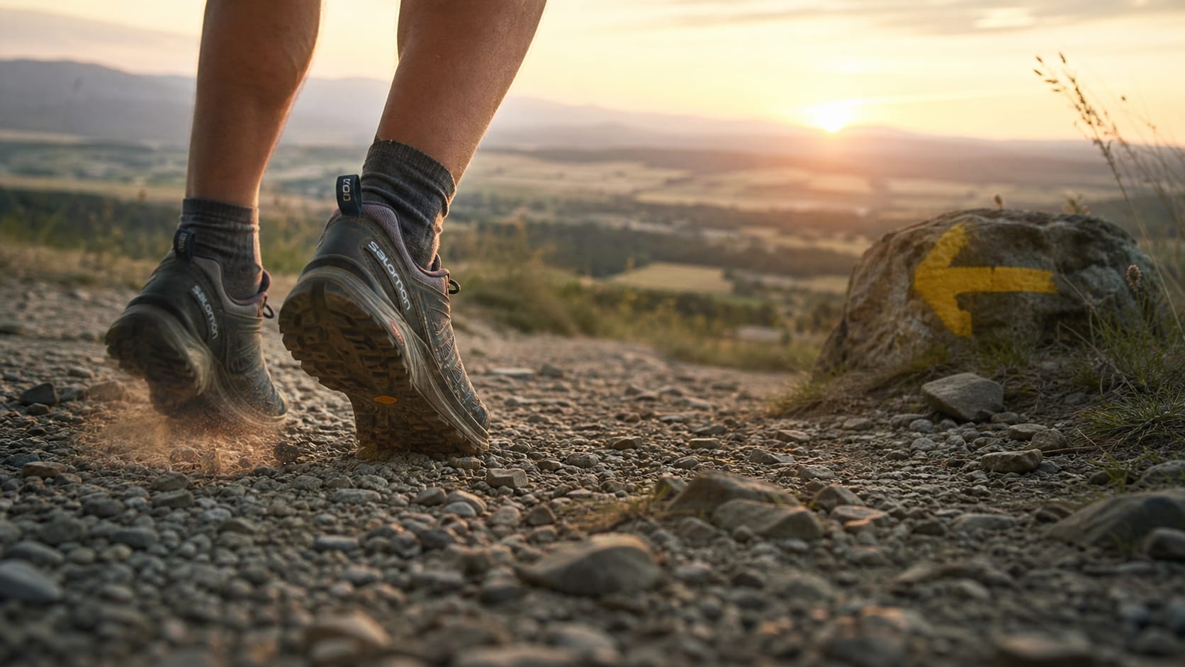 Wide low-angle photo of a pilgrim's feet mid-stride on a gravel Camino Francés path at golden hour, trail shoes with heel-lock lacing, soft motion blur on the rear foot, a yellow Camino arrow on a roadside stone.
