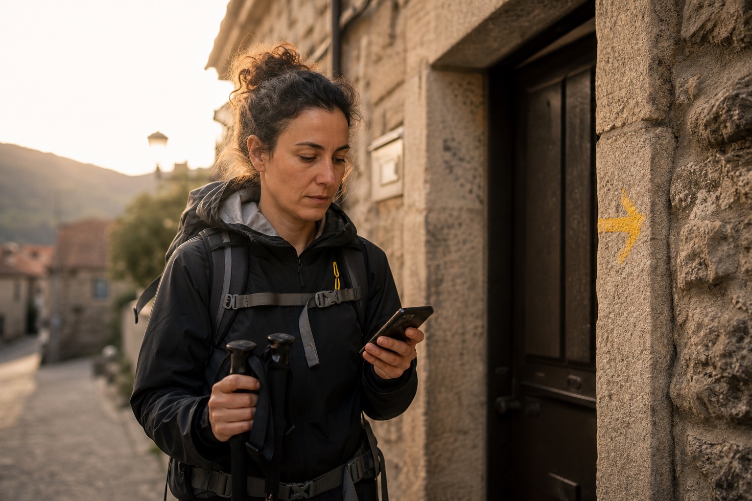A solo pilgrim in their thirties pausing outside a weathered stone municipal albergue at golden hour, backpack and walking poles on, phone in hand.