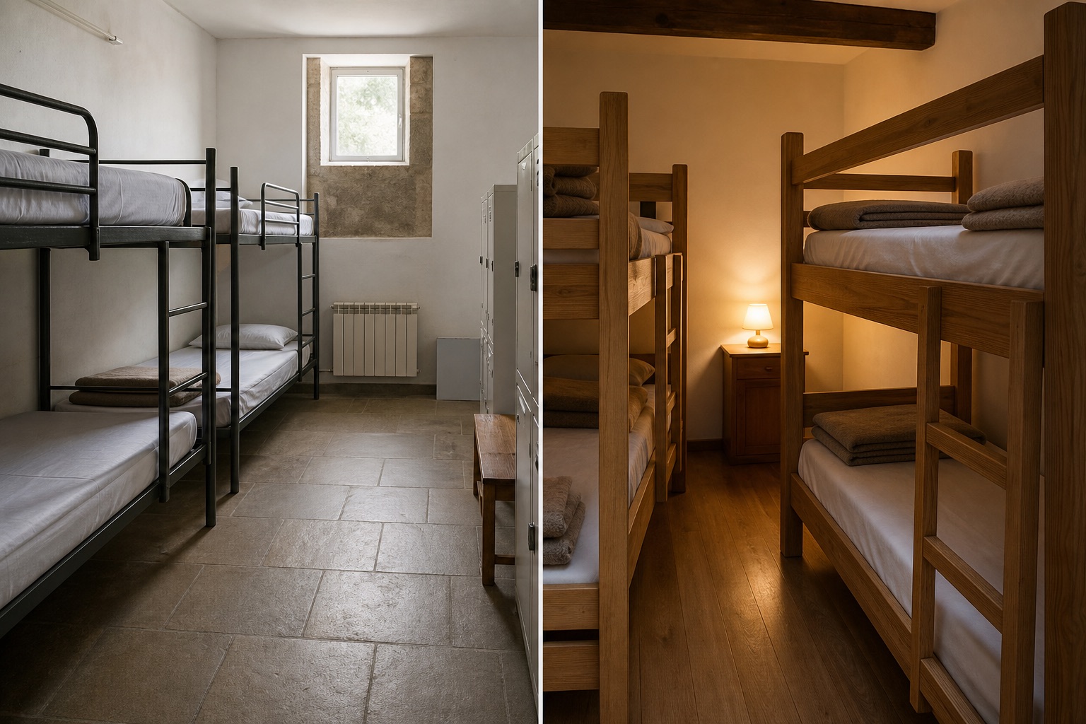 Diptych editorial photo: a spartan municipal albergue dorm with metal bunk beds on the left, a cosier private albergue room with wooden bunks and warm bedside lamps on the right.