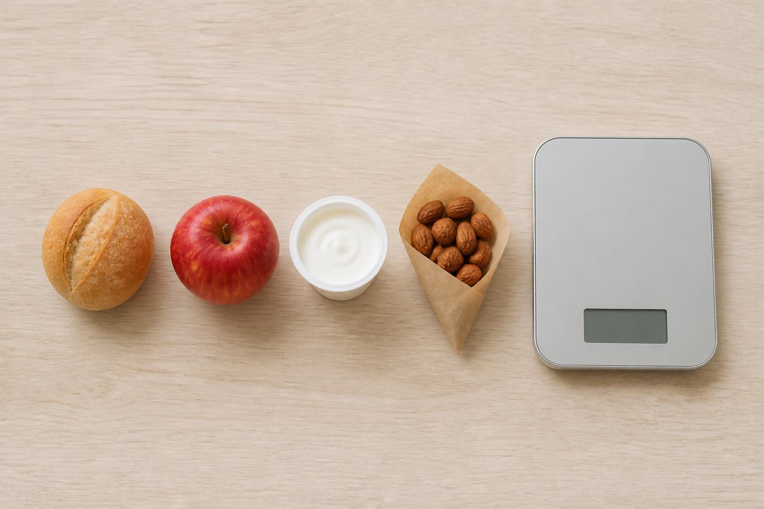 Un panecillo, una manzana, un yogur pequeño y un cucurucho de papel con almendras colocados en fila junto a una báscula de cocina compacta sobre una mesa de madera clara y lisa.
