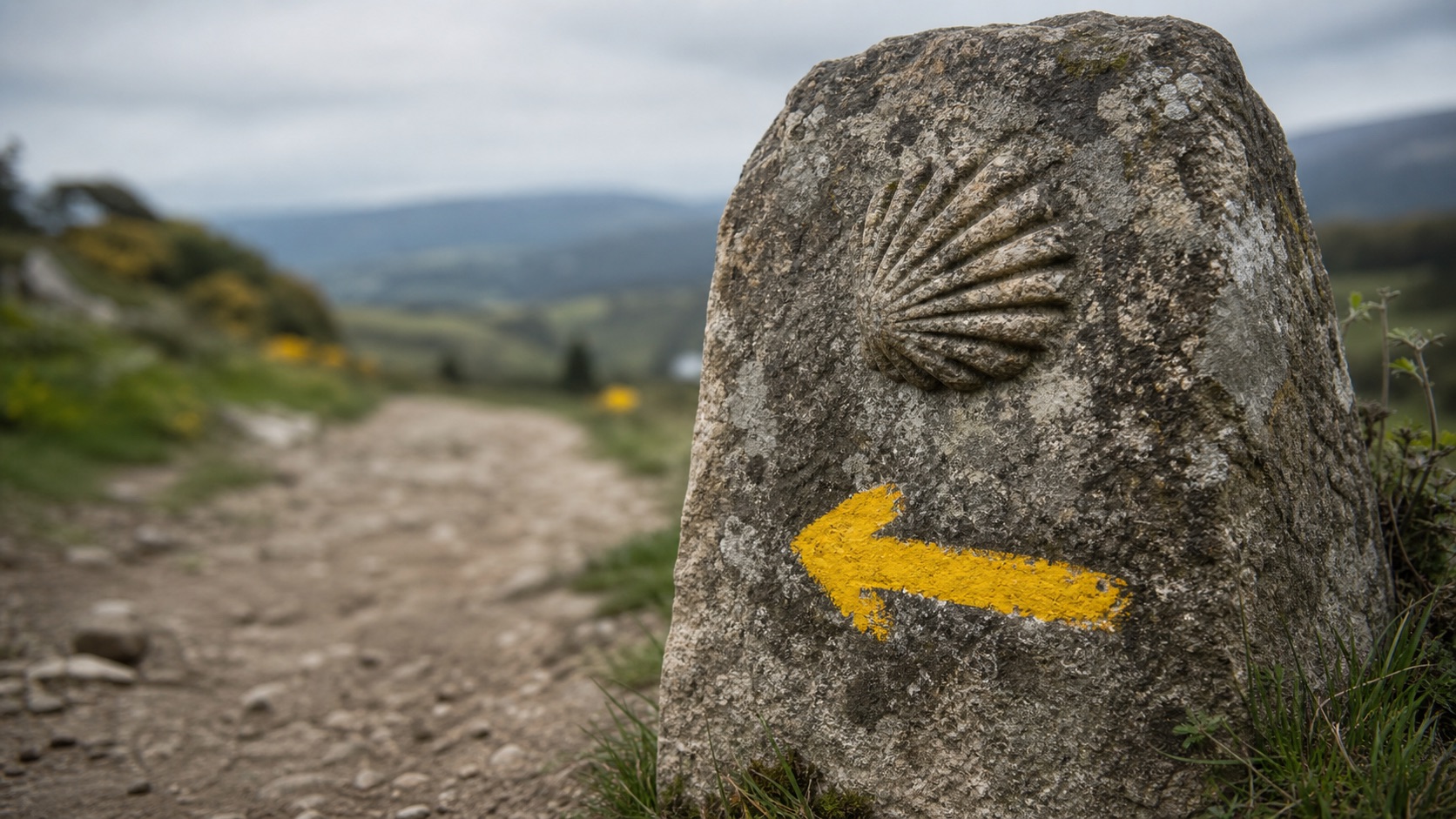 Close-up of a hand-painted yellow arrow and carved scallop shell on a weathered stone Camino waymarker beside a dirt trail in soft overcast morning light.