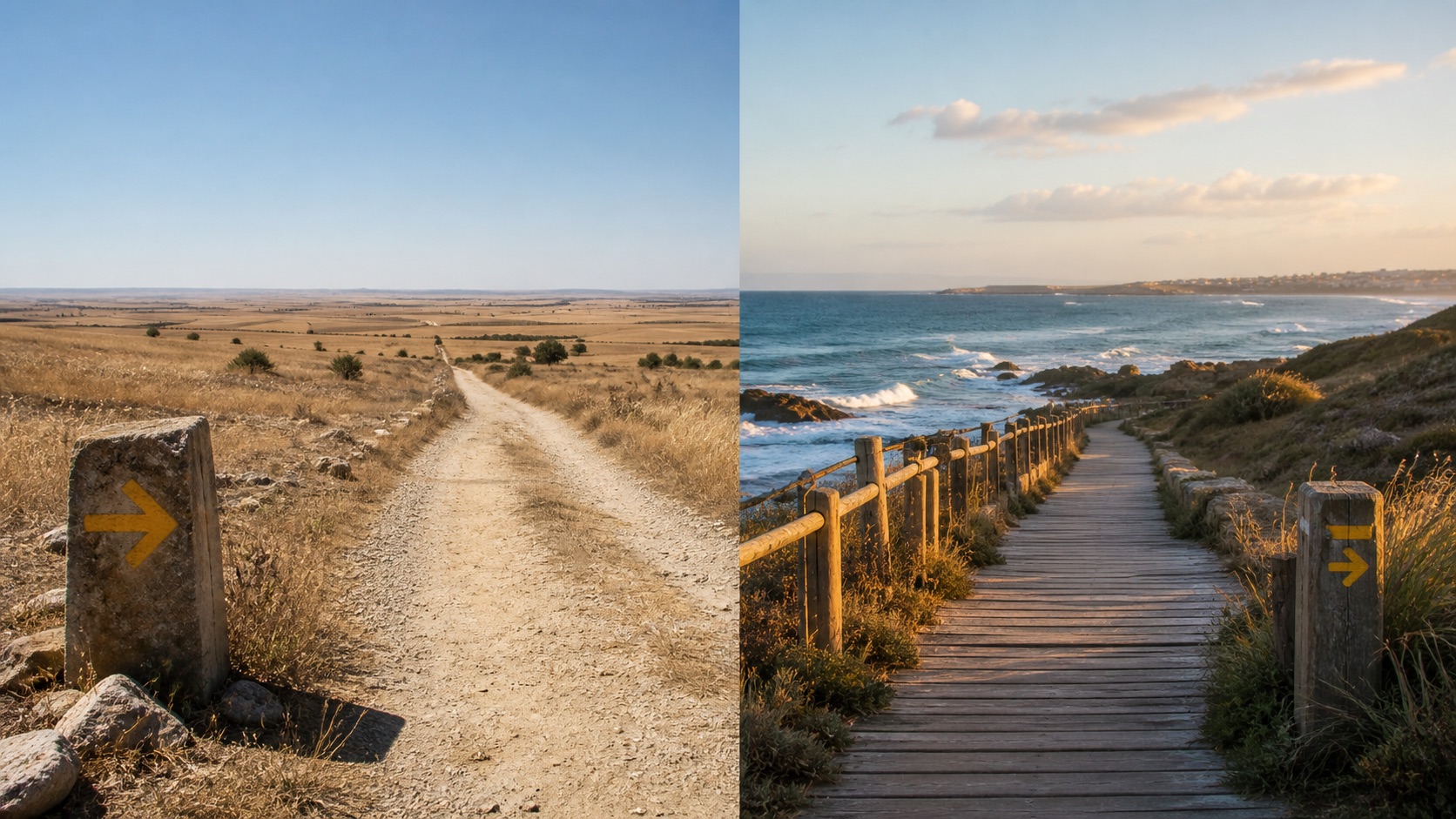 Split-frame photograph: left half a flat yellow meseta path under harsh midday sun on the Camino Francés, right half a gentle coastal boardwalk beside the Atlantic on the Camino Portugués.