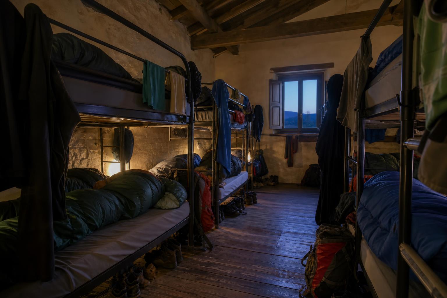 Ein Schlafsaal einer Pilgerherberge in der Dämmerung, jedes Bett belegt, Schlafsäcke, Rucksäcke und Schuhe unter den Gestellen, warmes Lampenlicht gegen blaues Fensterlicht.