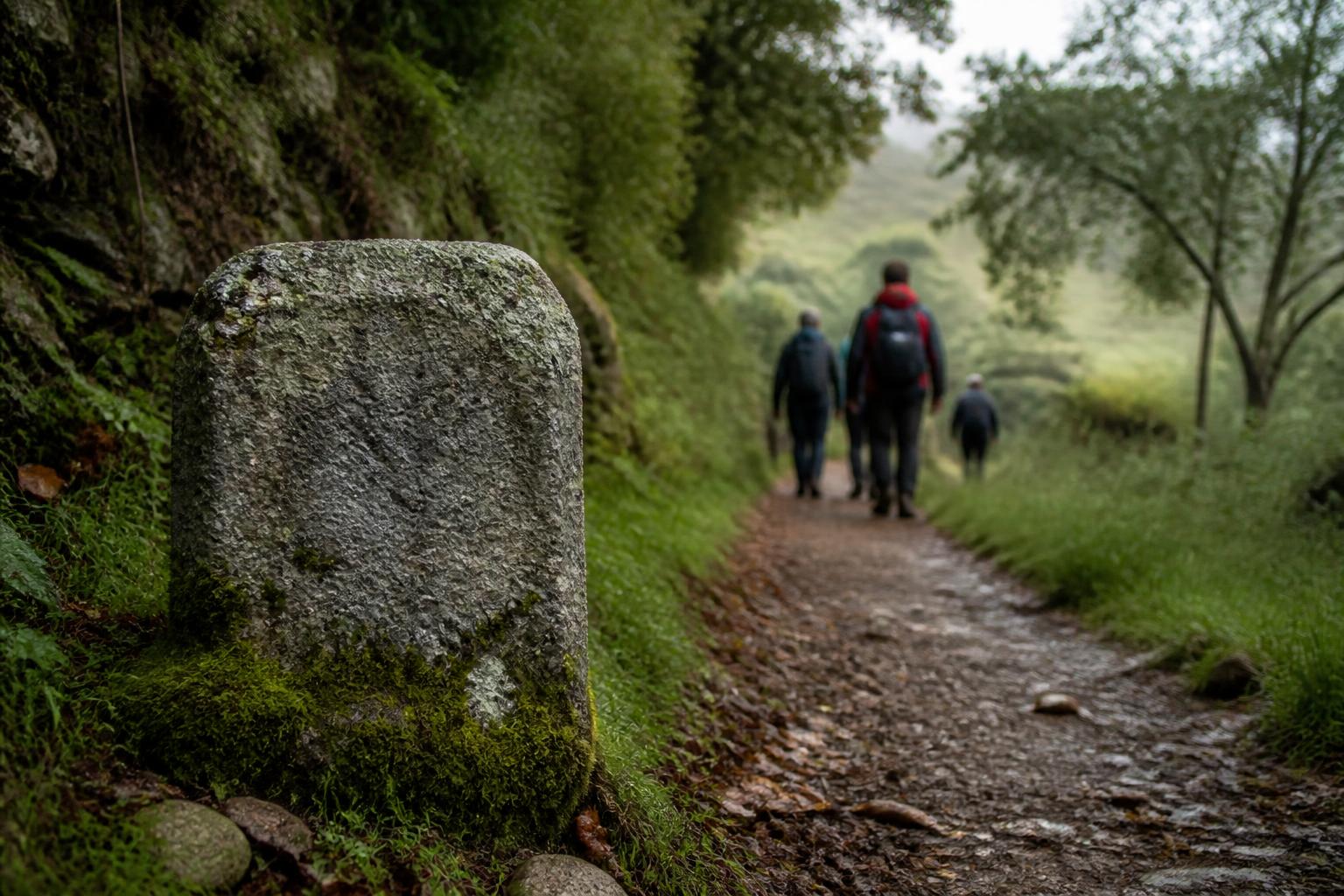 Ein niedriger, bemooster Granit-Wegstein an einem nassen Waldweg im grünen Galicien, dahinter drei anonyme Rucksackwanderer klein und unscharf im Weggehen.