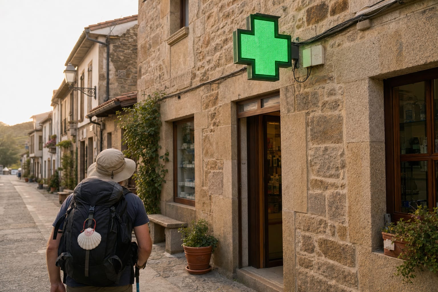 A traditional Spanish village pharmacy storefront with an illuminated green cross sign, stone facade, and a pilgrim with a backpack and scallop shell approaching the door in morning light.