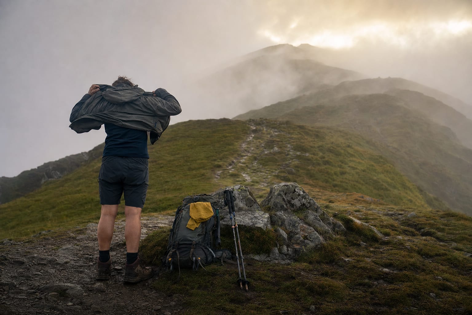 A pilgrim seen from behind pausing on the misty grassy Napoleon route above Saint-Jean-Pied-de-Port to pull on a windproof jacket, low cloud rolling over the ridge, a backpack and trekking poles beside them in cool damp morning light.