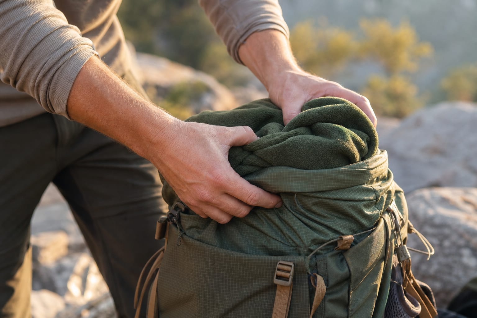 Close-up of a hiker's hands stuffing a moss-green fleece into the top lid of a trekking backpack at a sunlit trailside rest, base-layer sleeves pushed up, warm morning light and earthy tones.