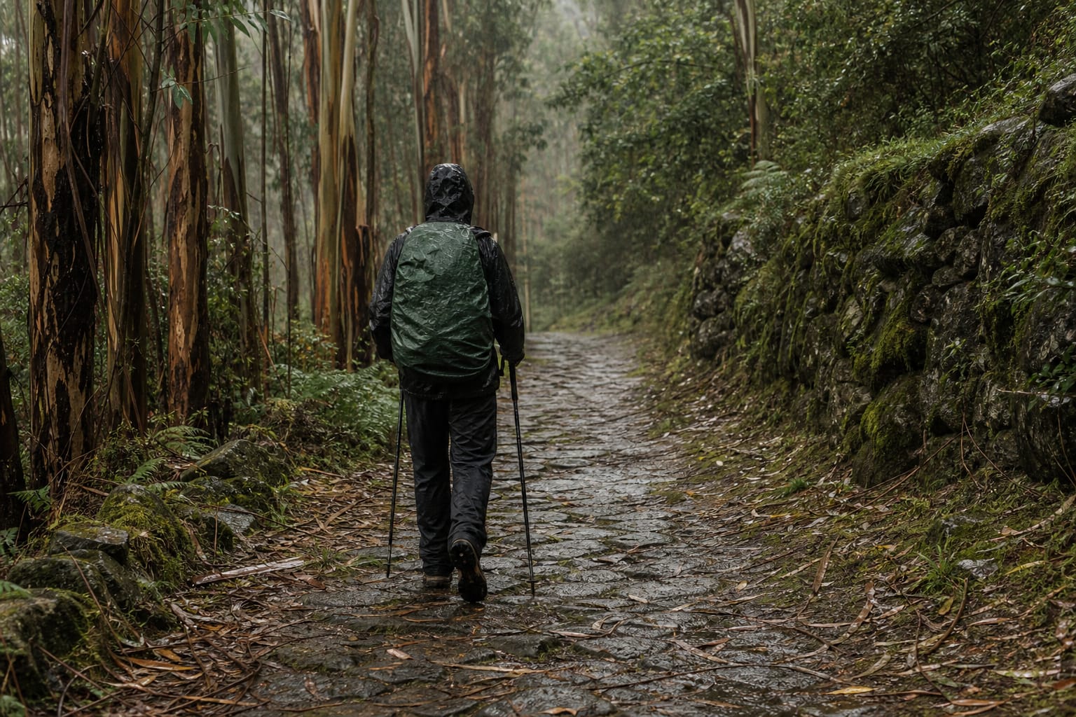 A pilgrim seen from behind walking a wet eucalyptus-lined Camino path in Galicia under light rain, wearing a hooded rain shell and a backpack rain cover, wet stone and fallen leaves underfoot in soft grey light.