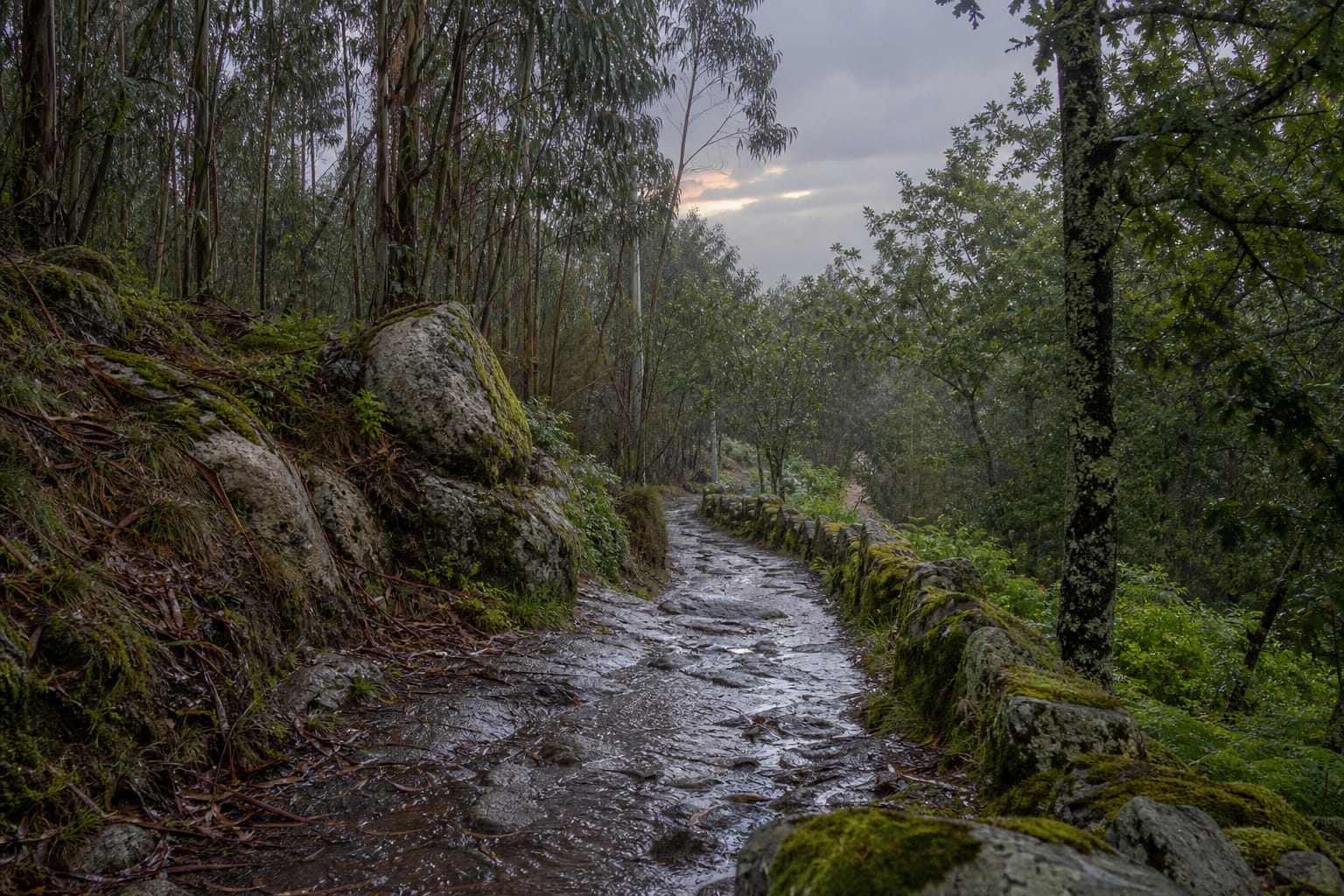 A wet Camino trail through dripping eucalyptus and oak canopy in Galicia, puddled mud and glistening granite underfoot, soft grey rain light with a faint warm break in the clouds.