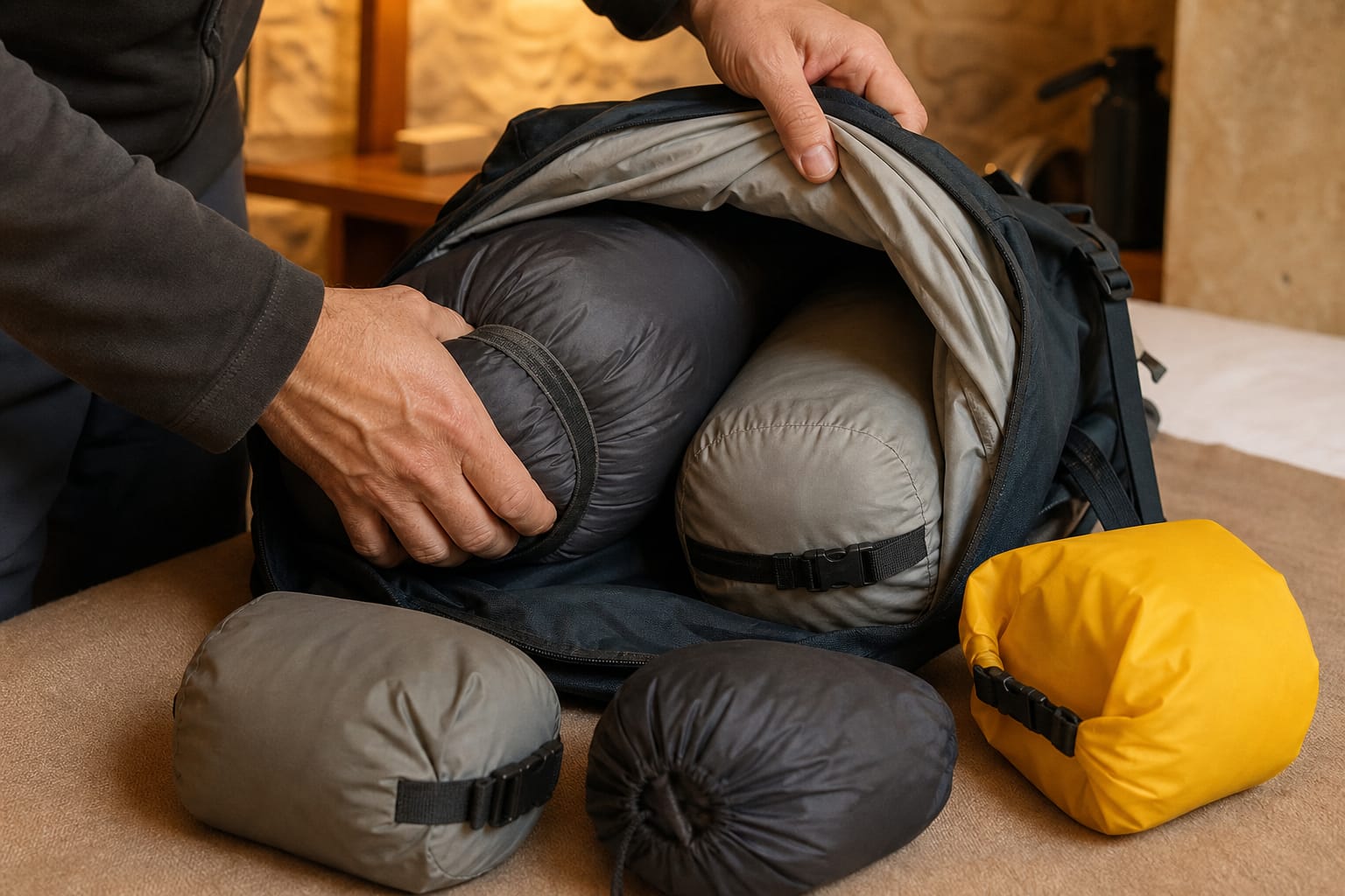 Close view of hands loading a backpack lined with a waterproof pack liner, a sleeping bag and clothes sealed in separate colored dry bags going inside, warm indoor albergue light with one yellow dry bag.