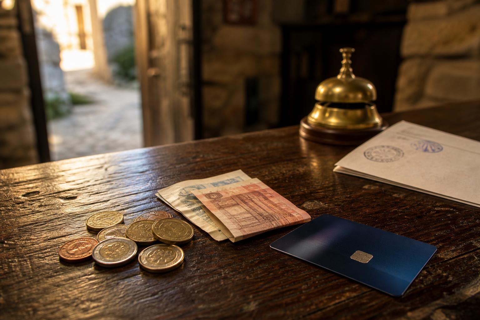Euro coins and folded banknotes beside a fanned bank card on a rustic wooden albergue reception counter in warm afternoon light.