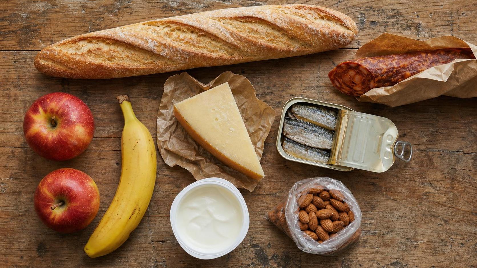Overhead view of a pilgrim's supermarket haul on a weathered wooden albergue table: a baguette, cured chorizo, a wedge of cheese, a tin of sardines, apples, a banana, yogurt and a bag of almonds.