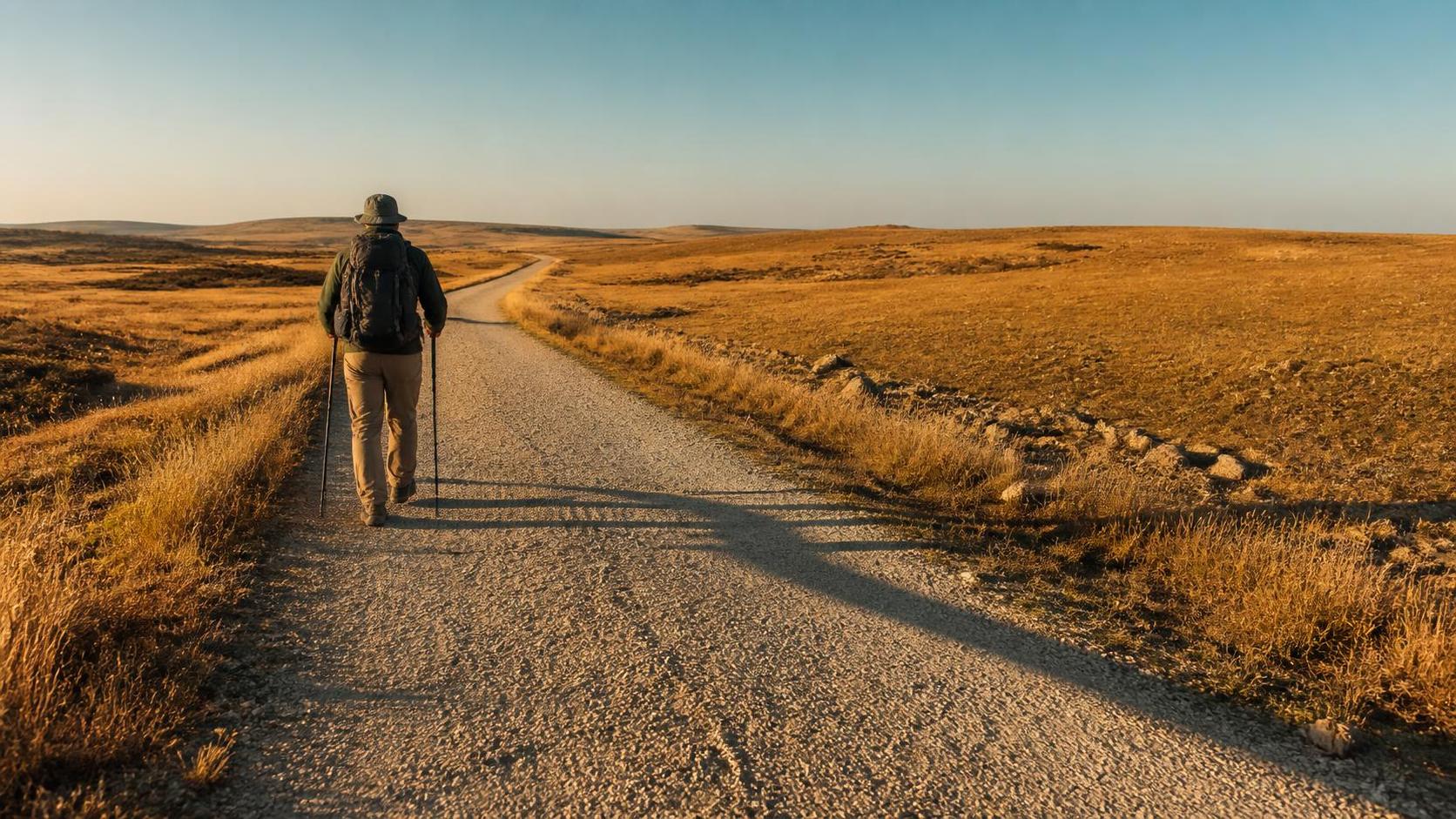 A lone pilgrim with a backpack and trekking poles walking a pale gravel path across open country at golden hour, casting a long morning shadow across the frame.