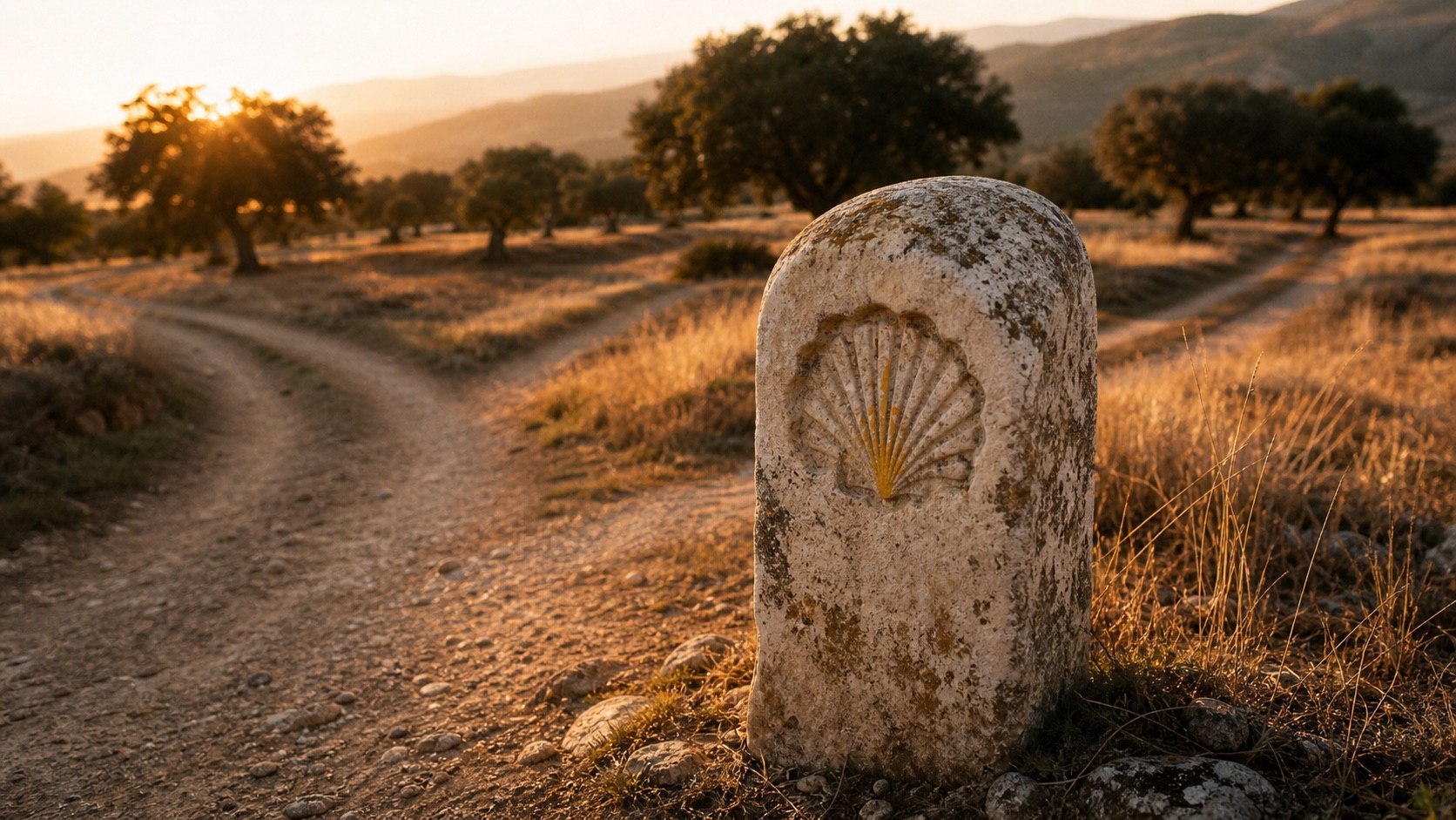 Two-pronged dirt path under a worn yellow scallop waymark on a stone post, captured at golden hour through dry grass and scattered oak trees.