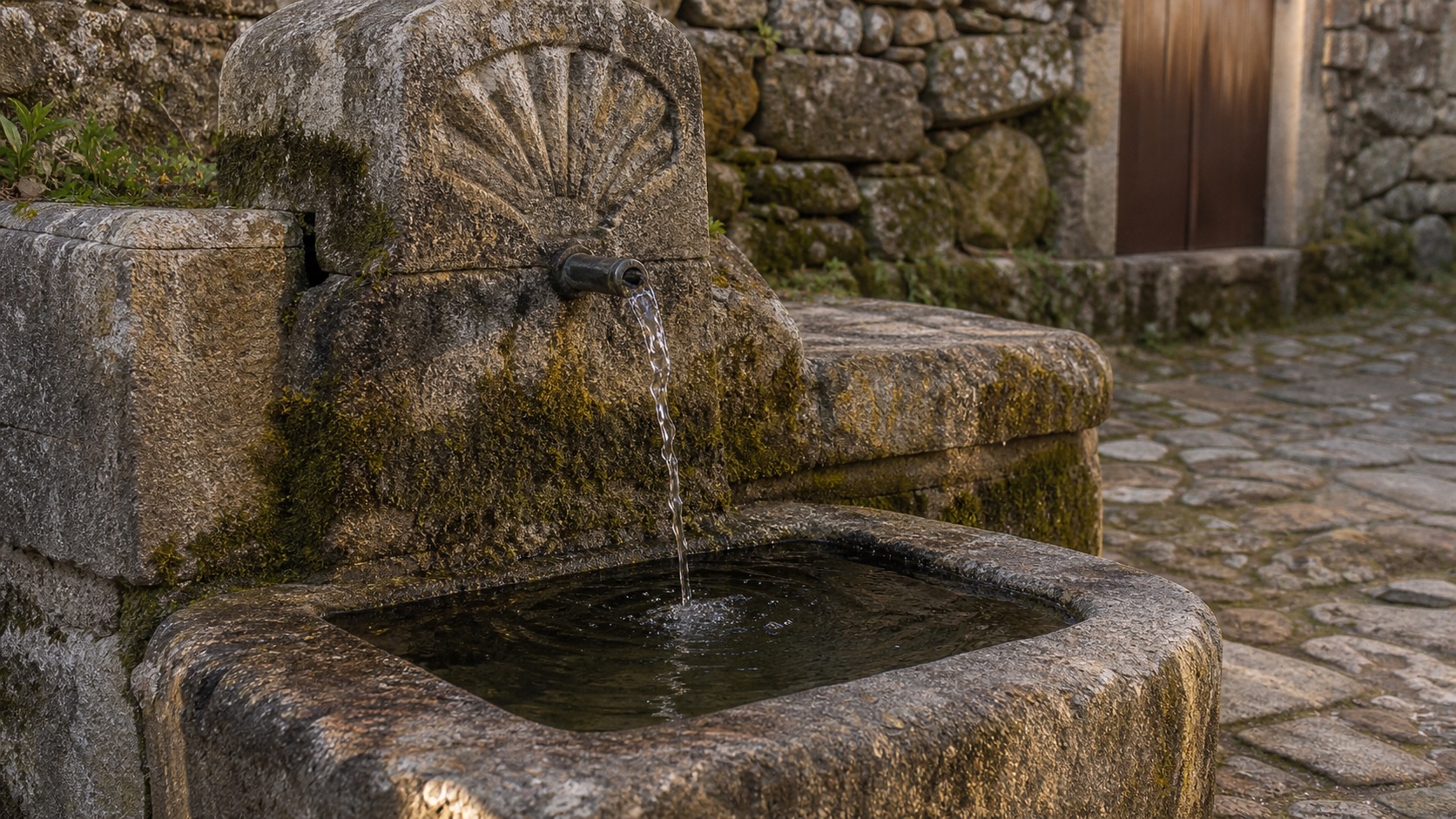 A centuries-old stone pilgrim fountain in a small Galician village, water trickling steadily into a worn basin in warm late-afternoon light.