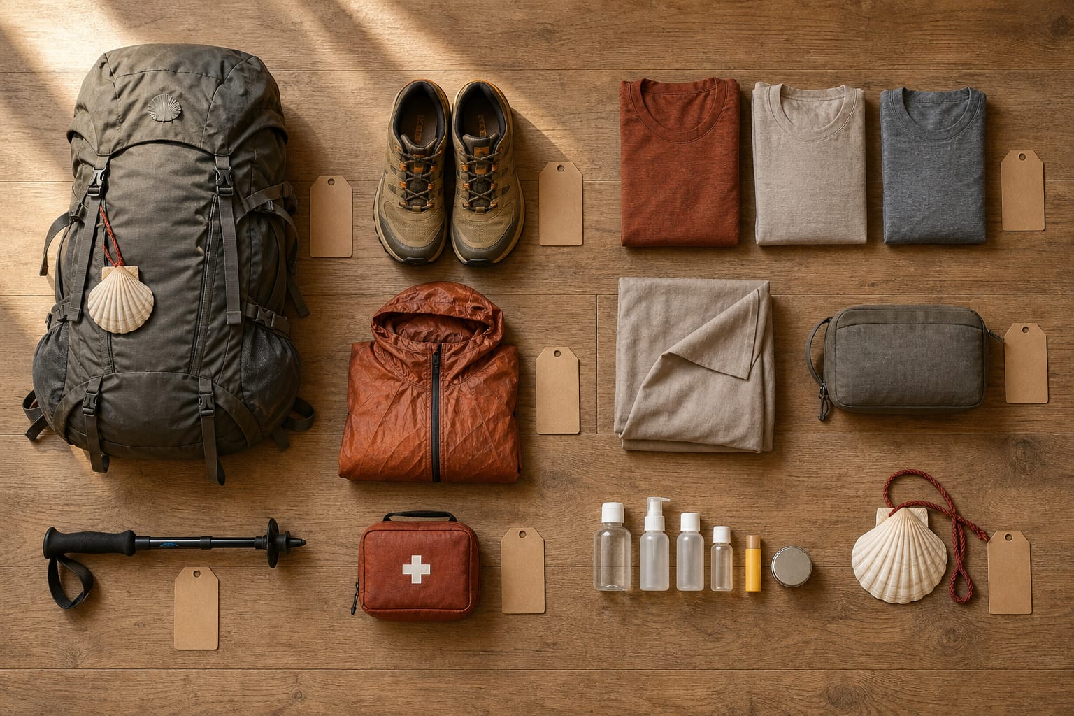 Overhead flat-lay of a complete Camino kit arranged in a grid on a warm oak floor, each item beside a small kraft-paper weight tag, with a backpack, trail runners, folded shirts, a poncho, and a scallop shell.