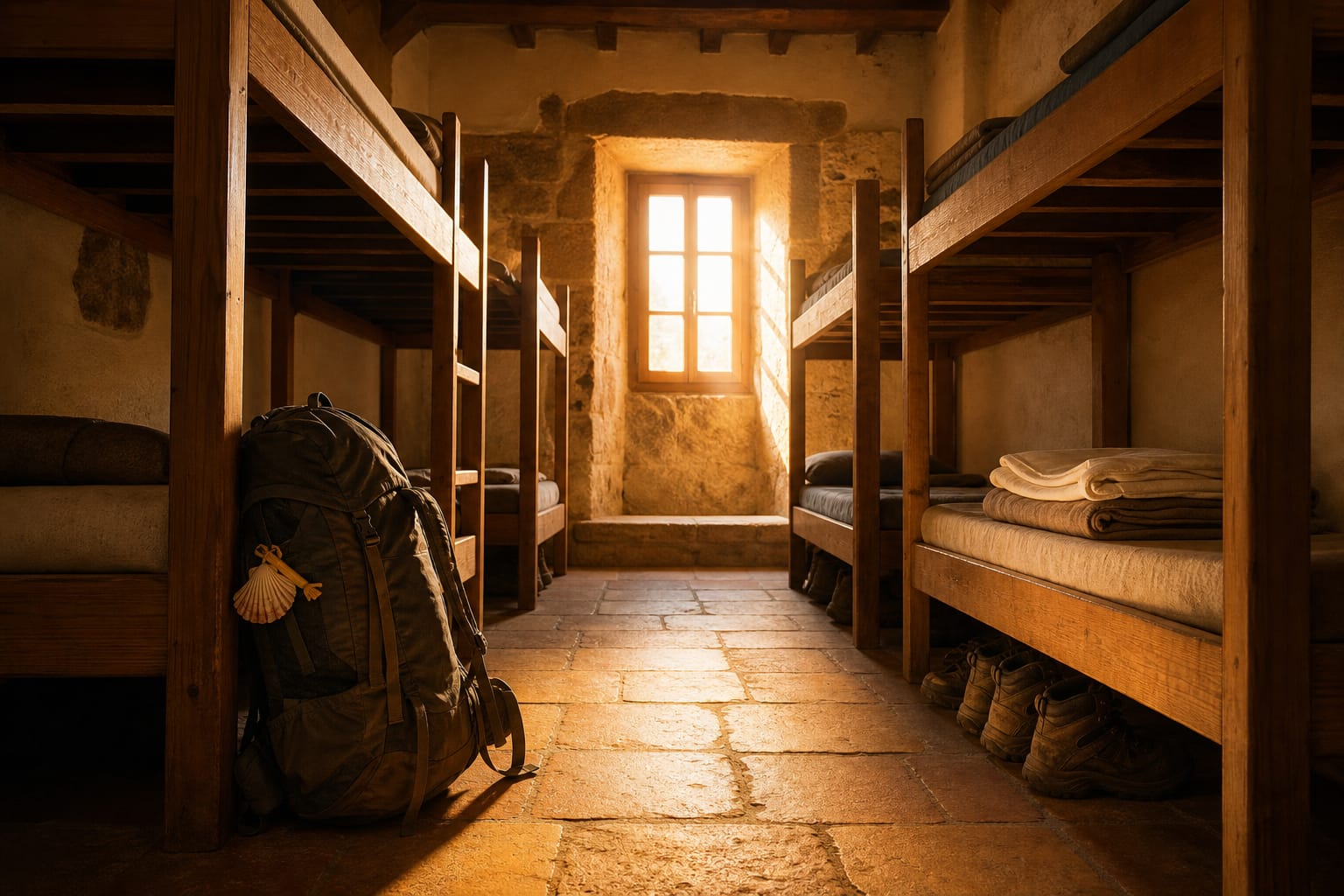 Interior de un dormitorio de albergue de peregrinos con paredes de piedra a la luz cálida de la tarde, dos filas de literas de madera con una mochila y unas botas al lado, sin personas.