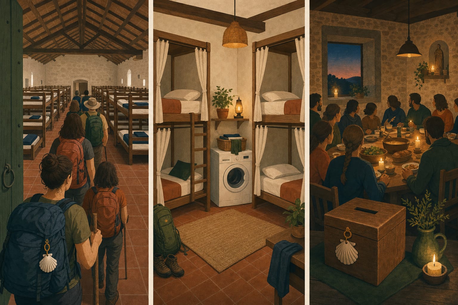 Comparación en tres paneles de una gran sala municipal de literas, una pequeña habitación de albergue privado con cortinas y una mesa comunitaria de donativo iluminada con velas.