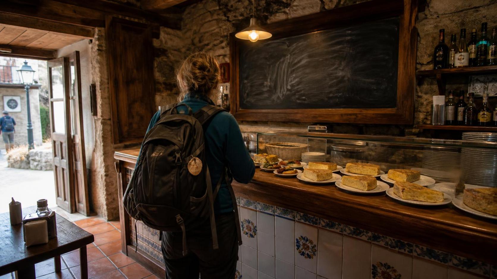 Inside a small Camino village bar in the morning: a pilgrim with a backpack orders at a tiled counter lined with wedges of tortilla and small tapas, a chalkboard behind the bar, warm light through the door.