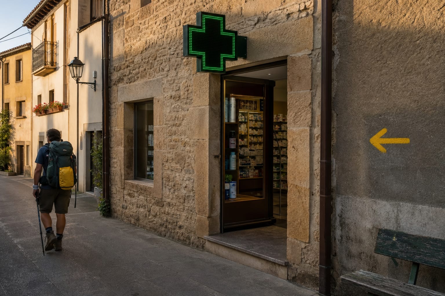 A Spanish pharmacy storefront on a Camino stage town street, identified by an illuminated green cross sign.
