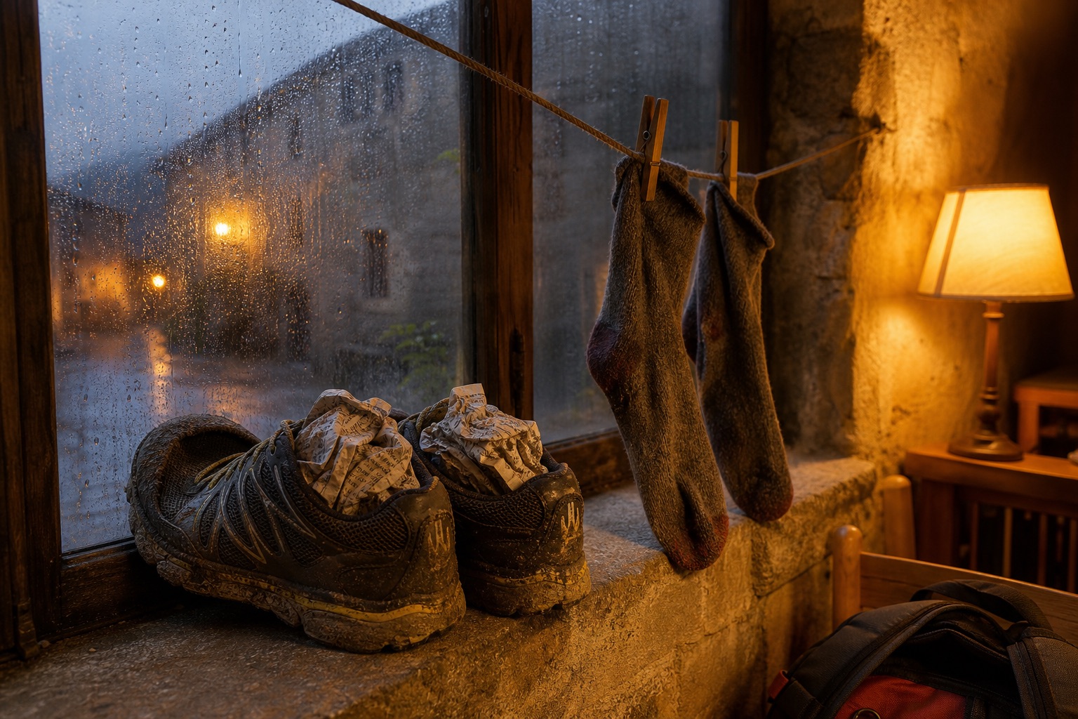 Muddy mesh trail running shoes with insoles removed and newspaper stuffed inside, drying on an albergue windowsill at dusk beside wool socks pinned to a line, rain streaking the window.