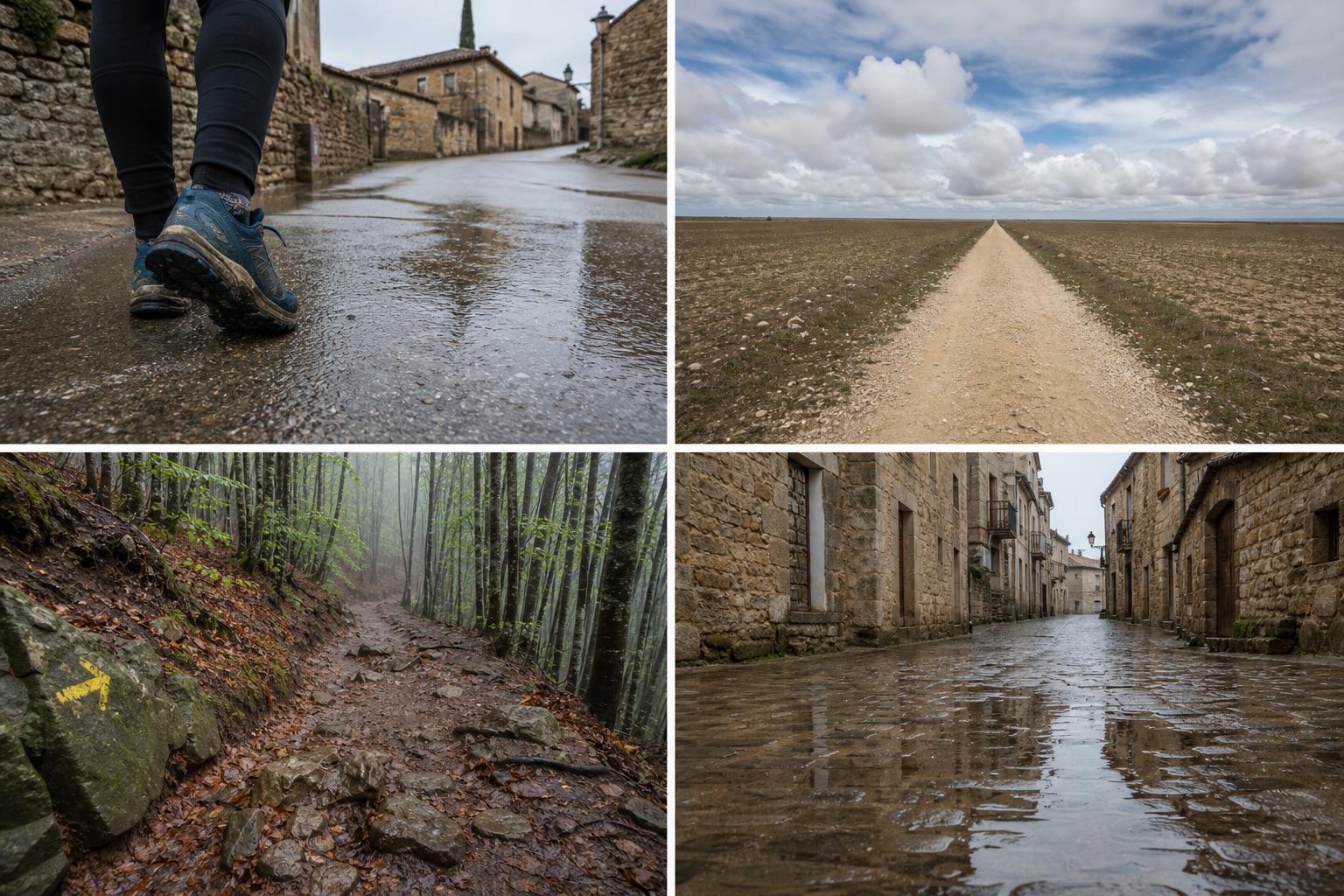 Four ground-level frames of Camino Francés surfaces: wet village asphalt, a straight gravel senda crossing the Meseta, a muddy rocky woodland descent, and rain-slicked town cobblestones.