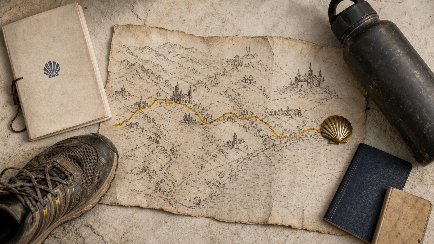 Flat-lay of a hand-drawn Camino Francés route map surrounded by a credential, trail-running shoe, passport, water bottle, and phrasebook arranged toward a scallop shell.