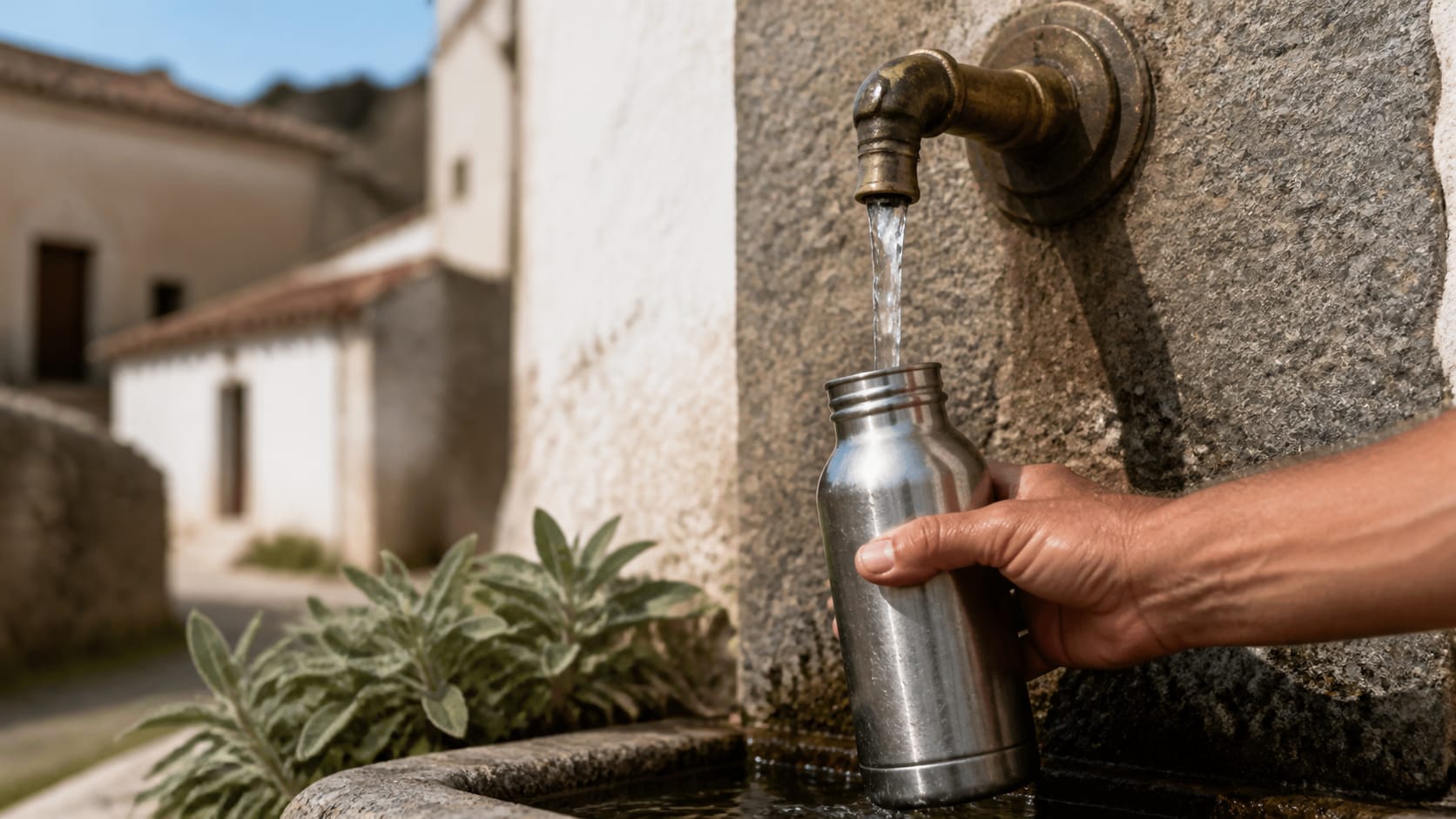 A pilgrim's sunburnt hand holding a scratched reusable bottle under the brass spout of a weathered stone village fountain.