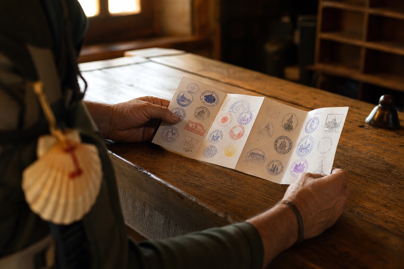 Close-up of an open accordion-folded pilgrim credencial on a sun-warmed wooden albergue counter, half-filled with colourful ink stamps and a scallop shell hanging from a pack strap in the soft foreground blur.