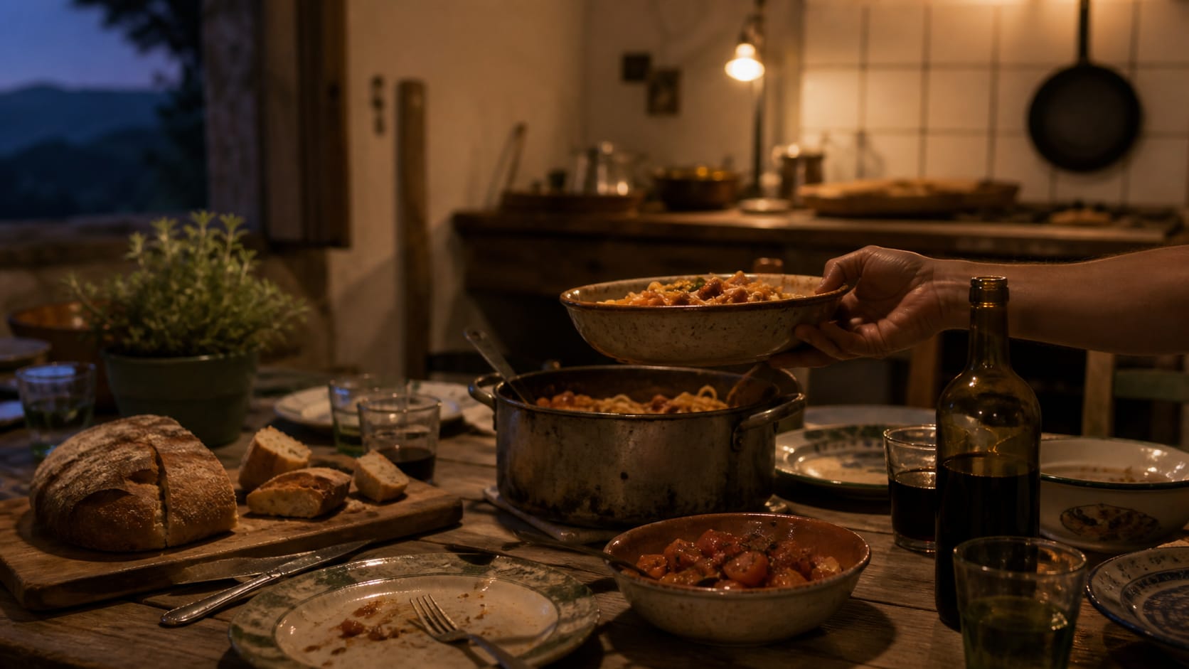Eine gemeinsame Albergue-Küche in der Dämmerung: ein langer Holztisch mit zusammengewürfeltem Geschirr, ein Topf Pasta, Tomaten und geschnittenes Brot, ein Paar Hände reicht eine Schüssel weiter im warmen Lampenlicht.