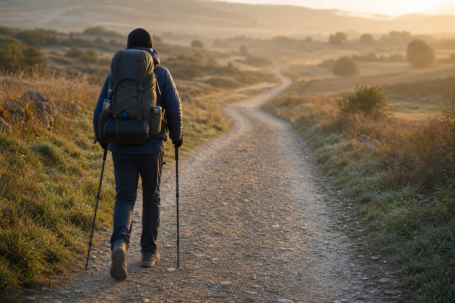 A pilgrim seen from behind setting out on a rolling gravel Camino track at dawn with a loaded backpack, dew on the grass verges and soft golden light ahead, suggesting the second morning of a back-to-back training walk.