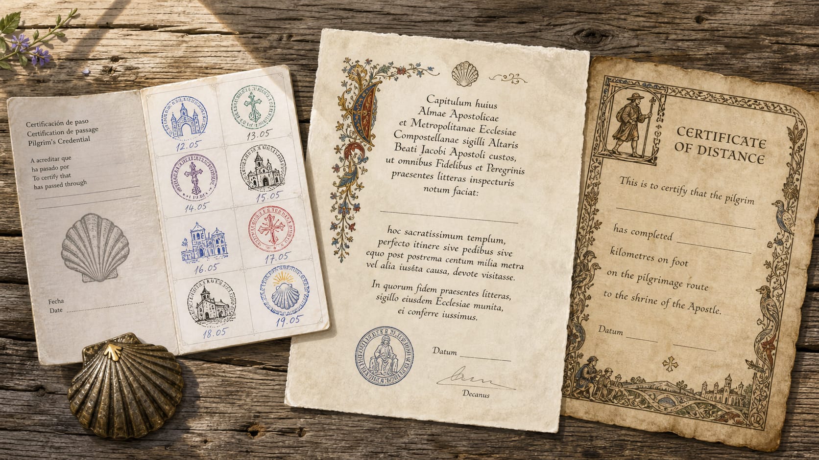 Flat-lay on weathered wood of the three Camino documents: a stamped pilgrim credencial, a Latin Compostela with an illuminated initial and a parchment certificate of distance, with a bronze scallop shell.