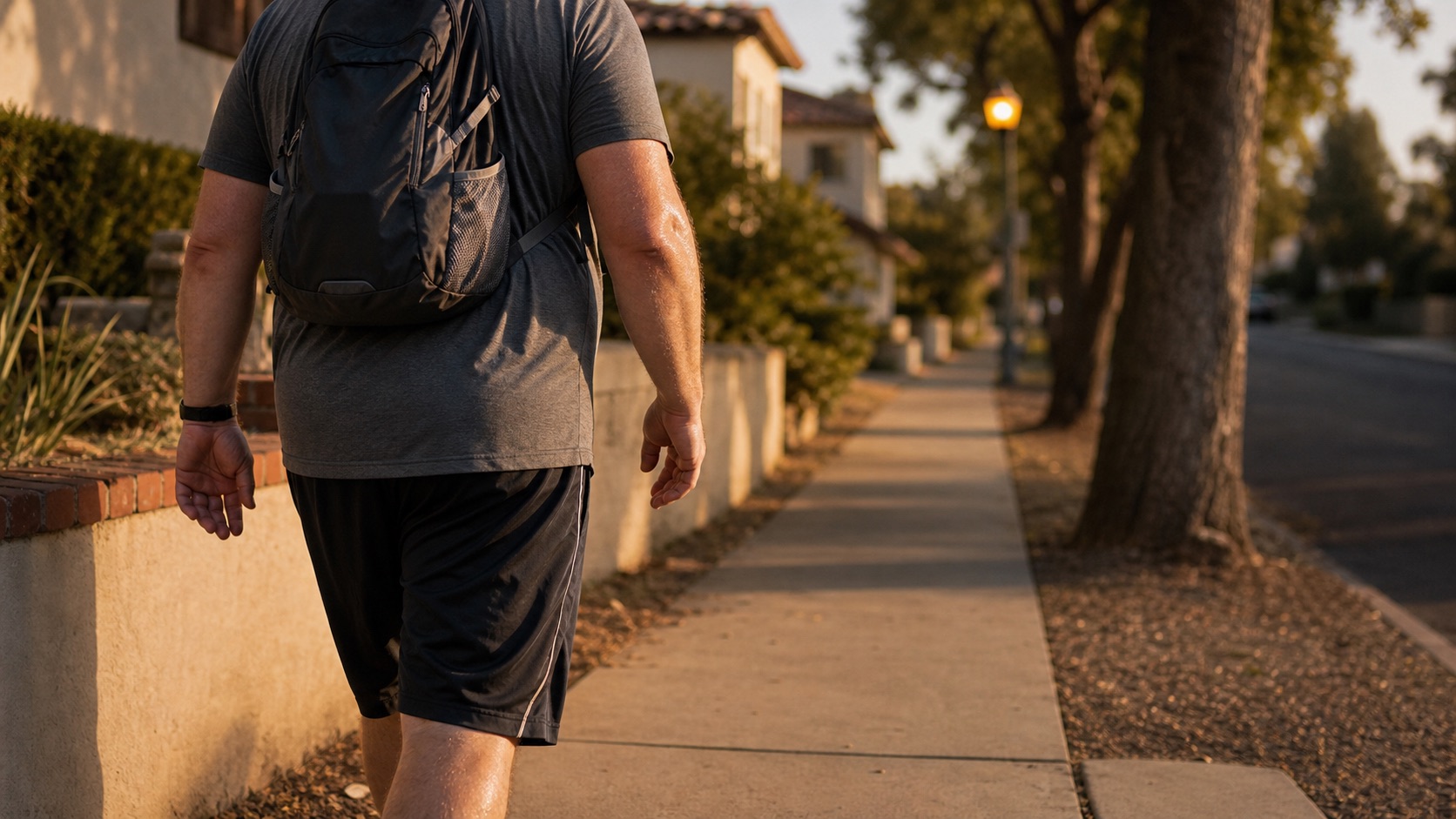 An ordinary adult in casual sportswear and a small daypack mid-stride on a suburban sidewalk at golden-hour dawn, soft warm side lighting, documentary tone.