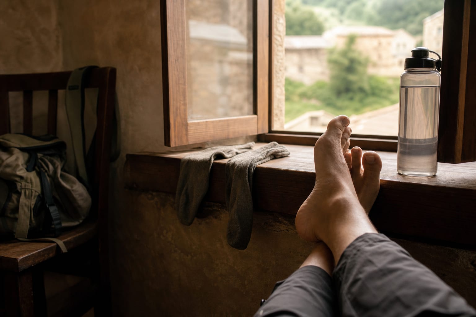 Bare pilgrim feet raised and resting against a sunlit albergue windowsill, socks drying on the ledge, a water bottle nearby, a genuine day off the trail.