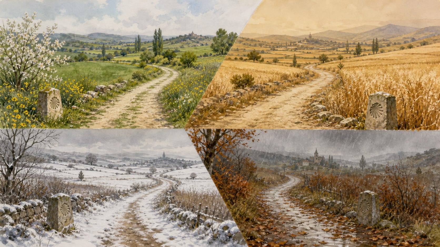 Aerial illustration of a single winding Camino path split into four diagonal quadrants showing the same scene in spring, summer, autumn and winter, in a warm earthy palette.