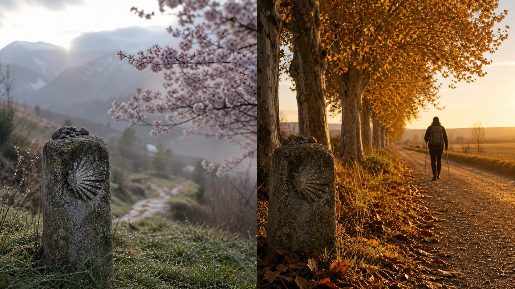 Photo diptych split vertically: a misty April morning in the Pyrenees with cherry blossoms on the left, a clear October afternoon near León with golden plane trees on the right.