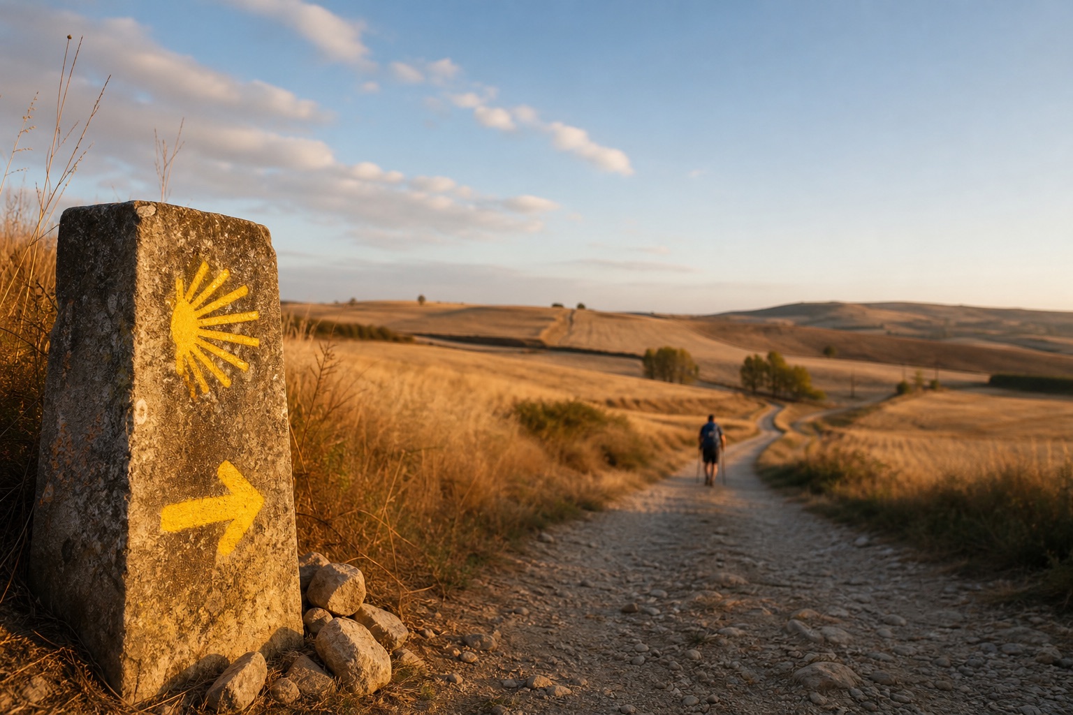Yellow arrow waymarker pointing along the Camino Francés through open countryside